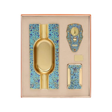 Ice Blue Full Color Print Brass Metal Square Design Cigar Accessories Gift Set Stainless Steel Lighter Knife